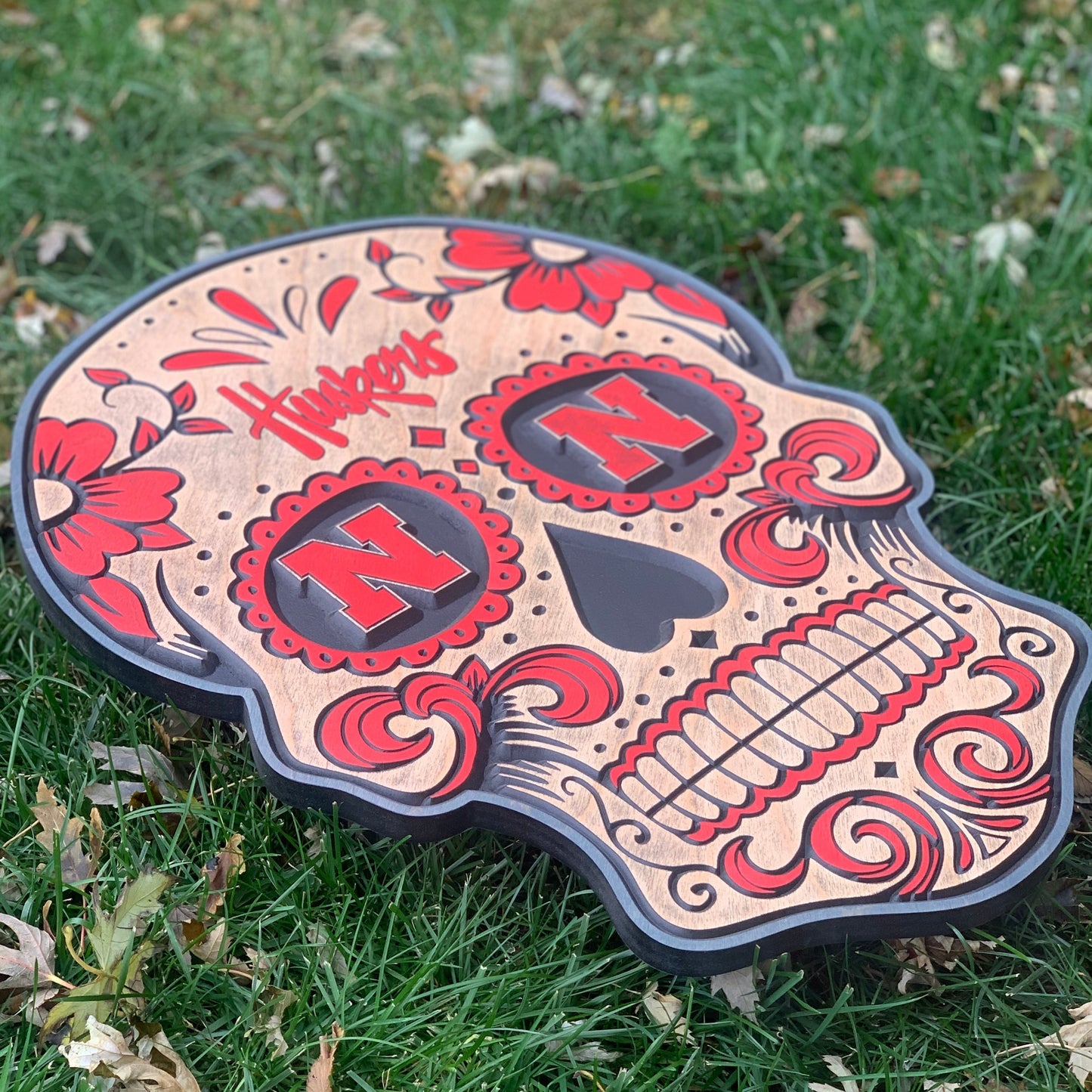 Nebraska Cornhuskers Sugar Skull Wood Sign