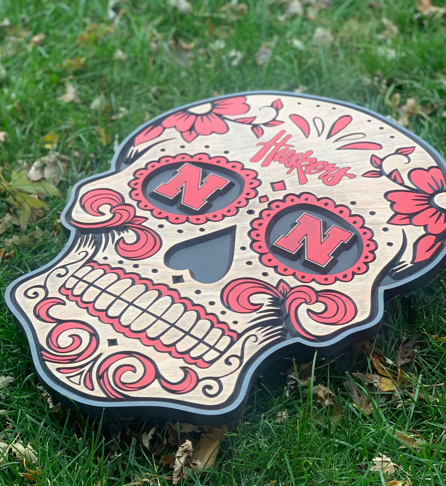 Nebraska Cornhuskers Sugar Skull Wood Sign