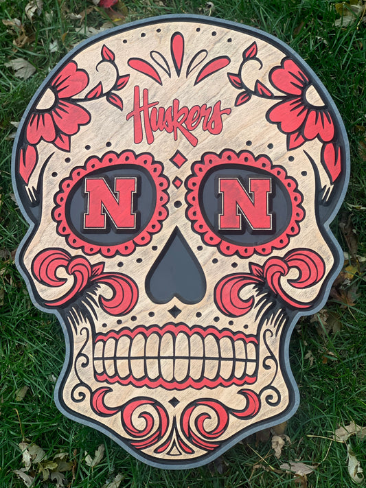 Nebraska Cornhuskers Sugar Skull Wood Sign