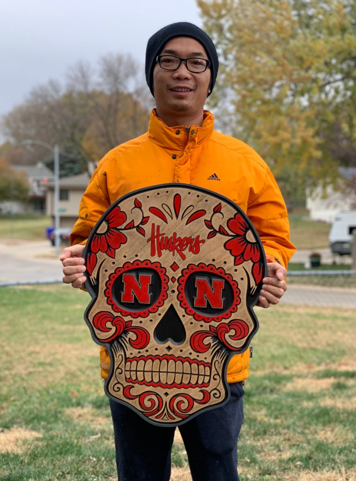 Nebraska Cornhuskers Sugar Skull Wood Sign